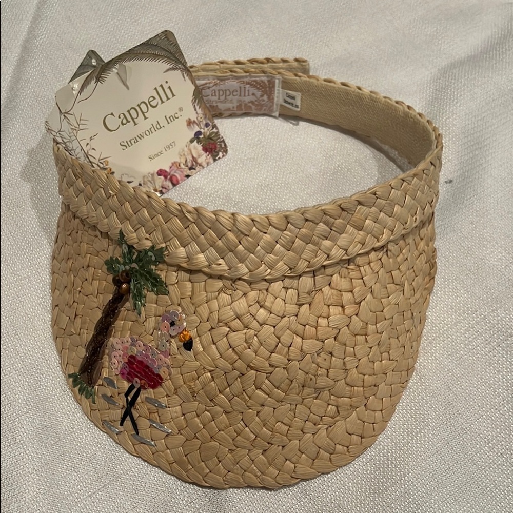Capelli of New York Women's Tan Straw Visor with Flamingo and Palm Tree design